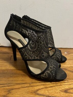Caparros Black Lace Cutout Peep-Toe Stiletto Heels